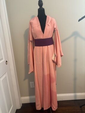 Authentic Japanese Kimono + Obi Belt Pink Floral Robe Traditional Yukata Wear